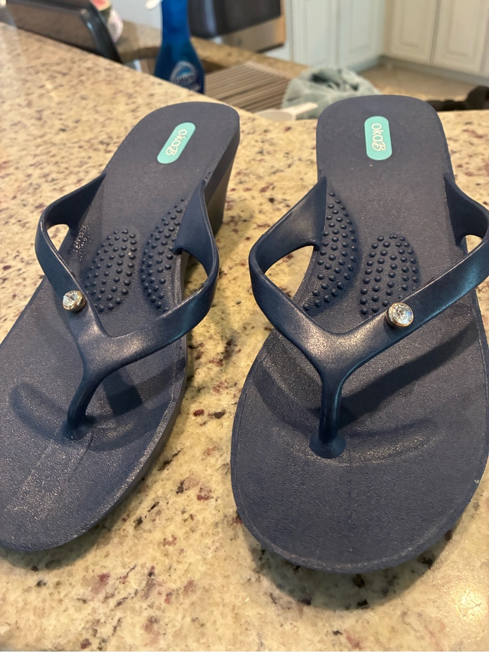 Blue Jeweled Wedge Flip Flops by Okab